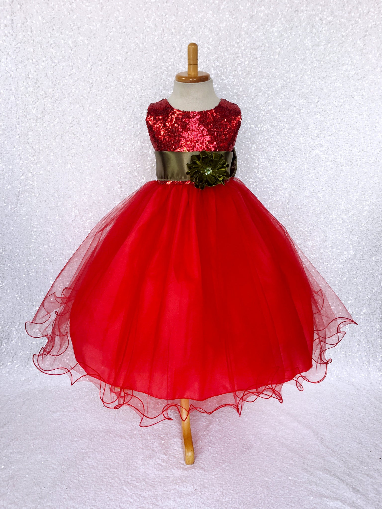 Sequence Fishing Line Tulle Red Dress Brown Sash Velvet Flower