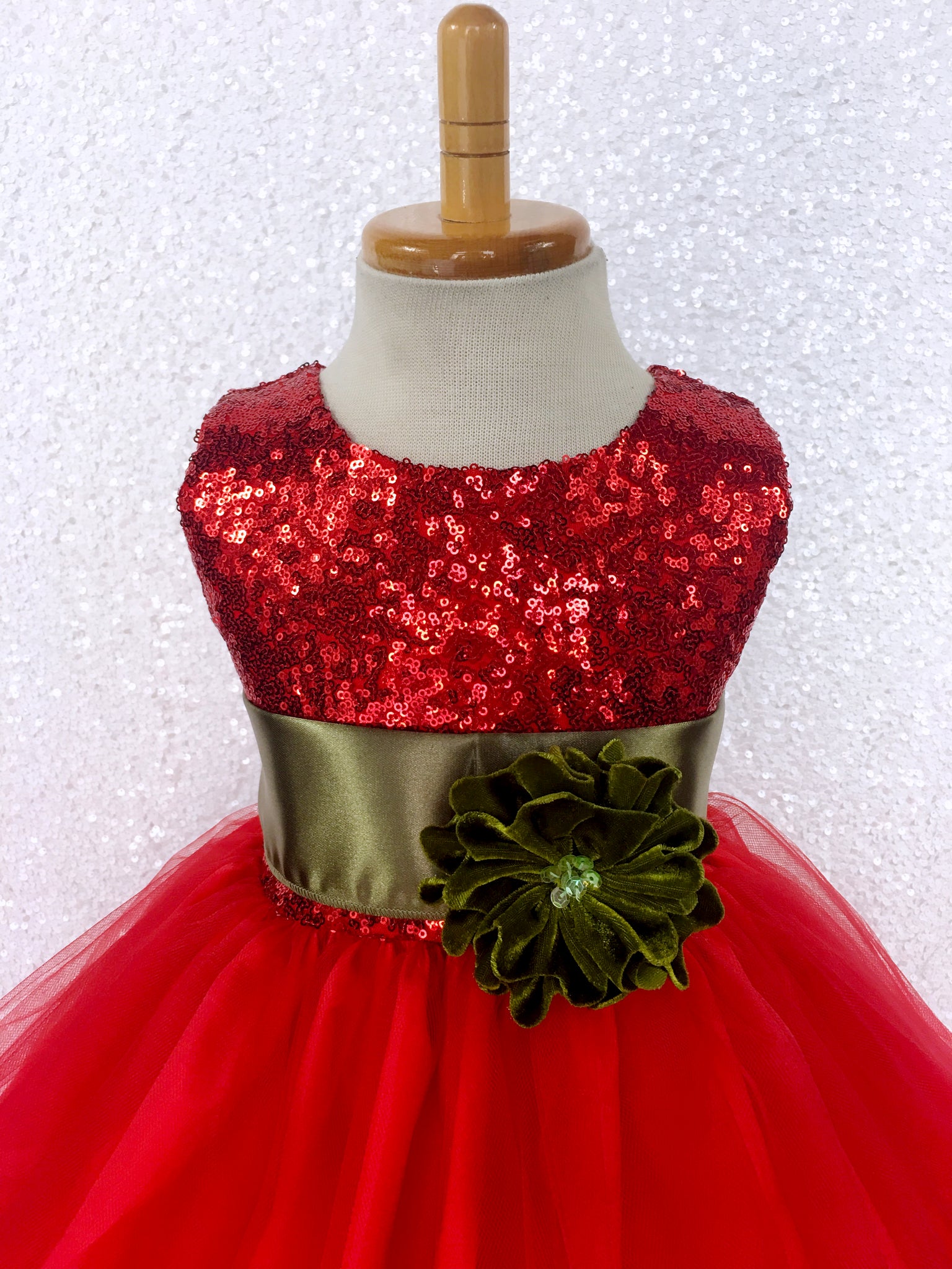 Red Mini Sequin 2 Layer Tulle Gown Olive Green Sash Flower