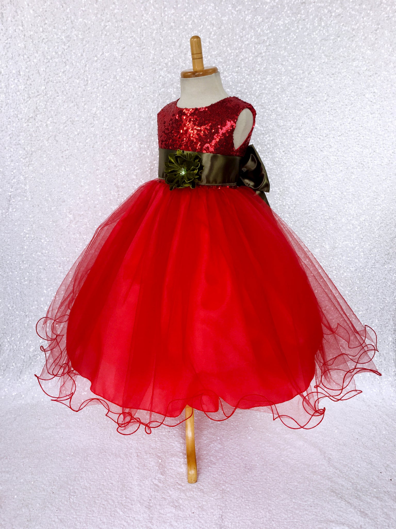 Red Mini Sequin 2 Layer Tulle Gown Olive Green Sash Flower