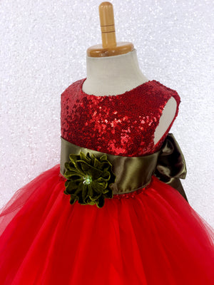 Red Mini Sequin 2 Layer Tulle Gown Olive Green Sash Flower