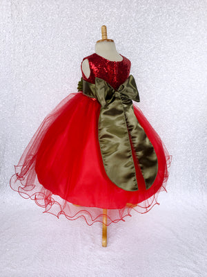 Red Mini Sequin 2 Layer Tulle Gown Olive Green Sash Flower