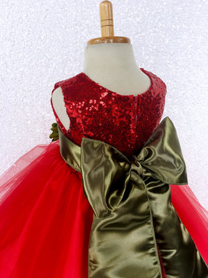 Red Mini Sequin 2 Layer Tulle Gown Olive Green Sash Flower