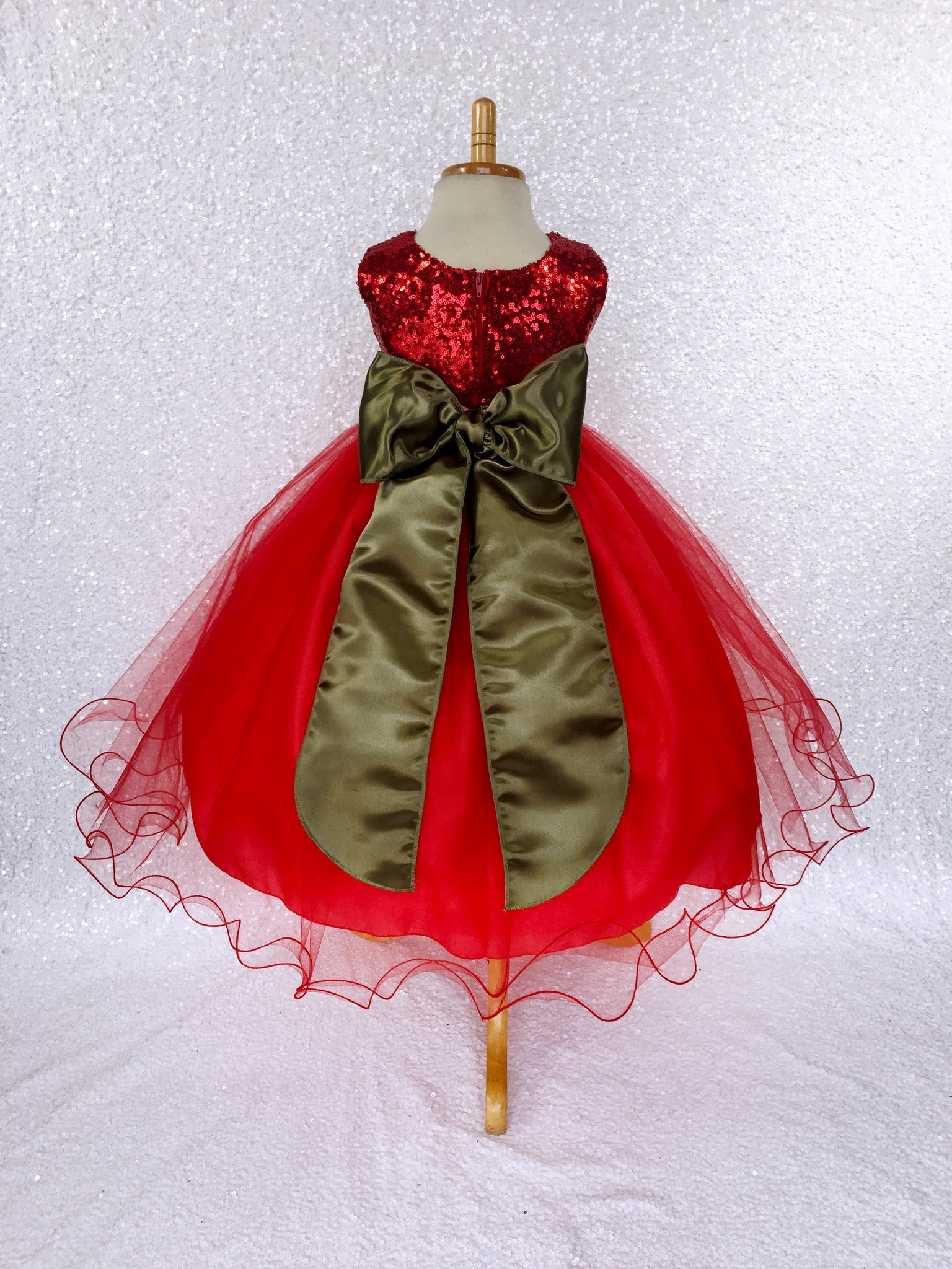 Red Mini Sequin 2 Layer Tulle Gown Olive Green Sash Flower