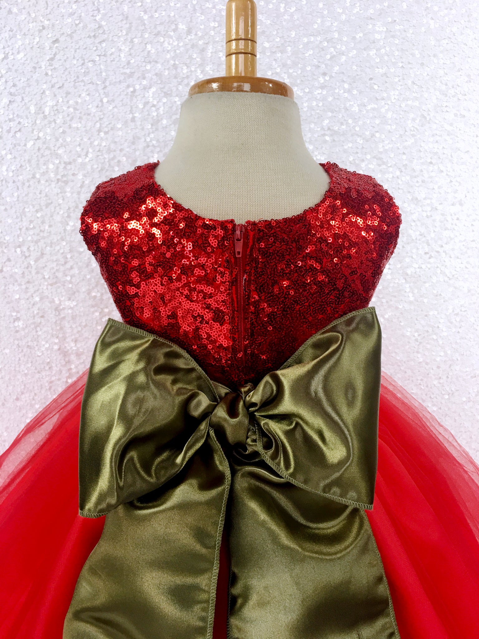 Red Mini Sequin 2 Layer Tulle Gown Olive Green Sash Flower