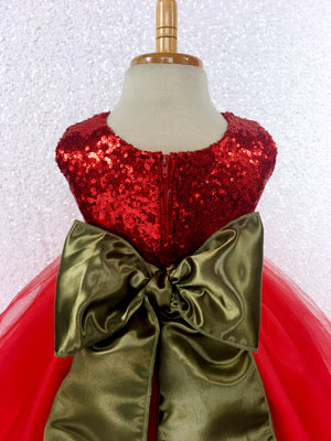 Red Mini Sequin 2 Layer Tulle Gown Olive Green Sash Flower