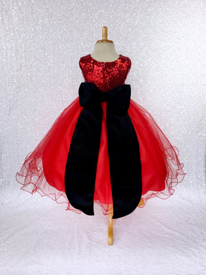 Red Mini Sequence Tulle Fishing Line Gown Black Sash Velvet Flower