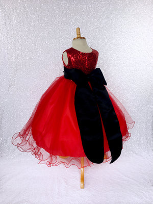 Red Mini Sequence Tulle Fishing Line Gown Black Sash Velvet Flower