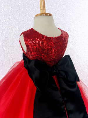 Red Mini Sequence Tulle Fishing Line Gown Black Sash Velvet Flower