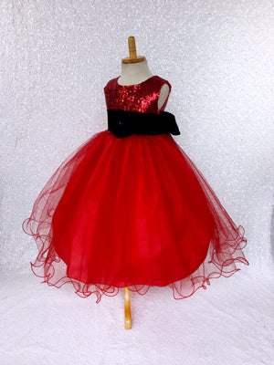 Red Mini Sequence Tulle Fishing Line Gown Black Sash Velvet Flower