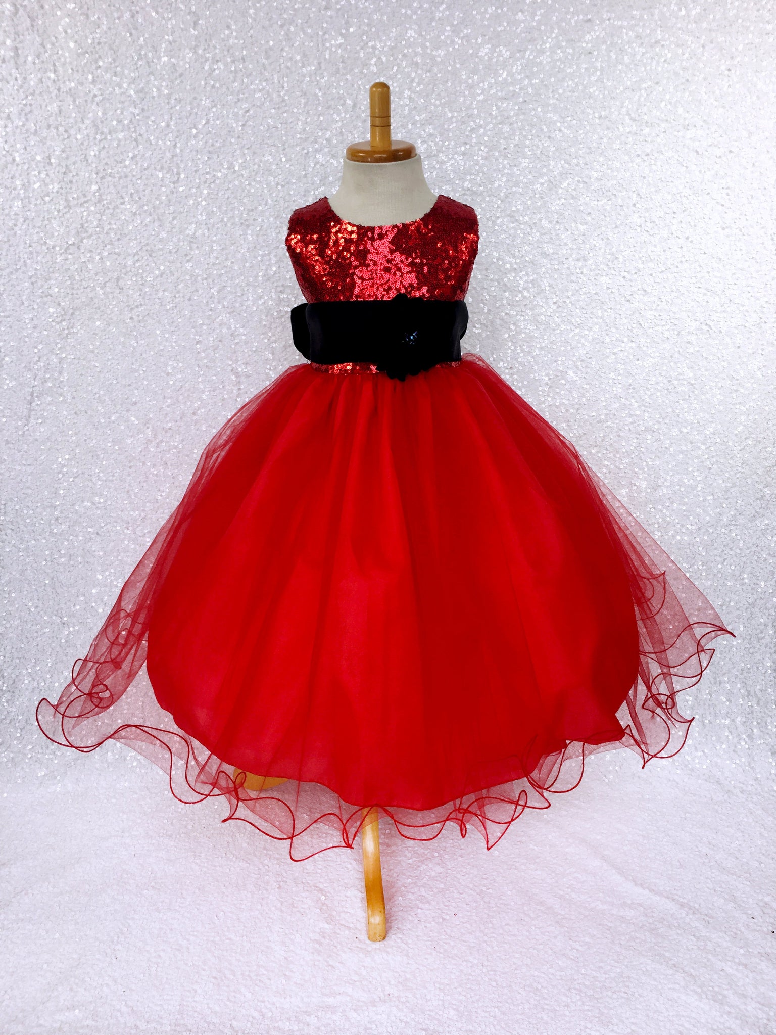 Red Mini Sequence Tulle Fishing Line Gown Black Sash Velvet Flower