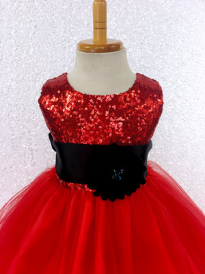 Red Mini Sequence Tulle Fishing Line Gown Black Sash Velvet Flower