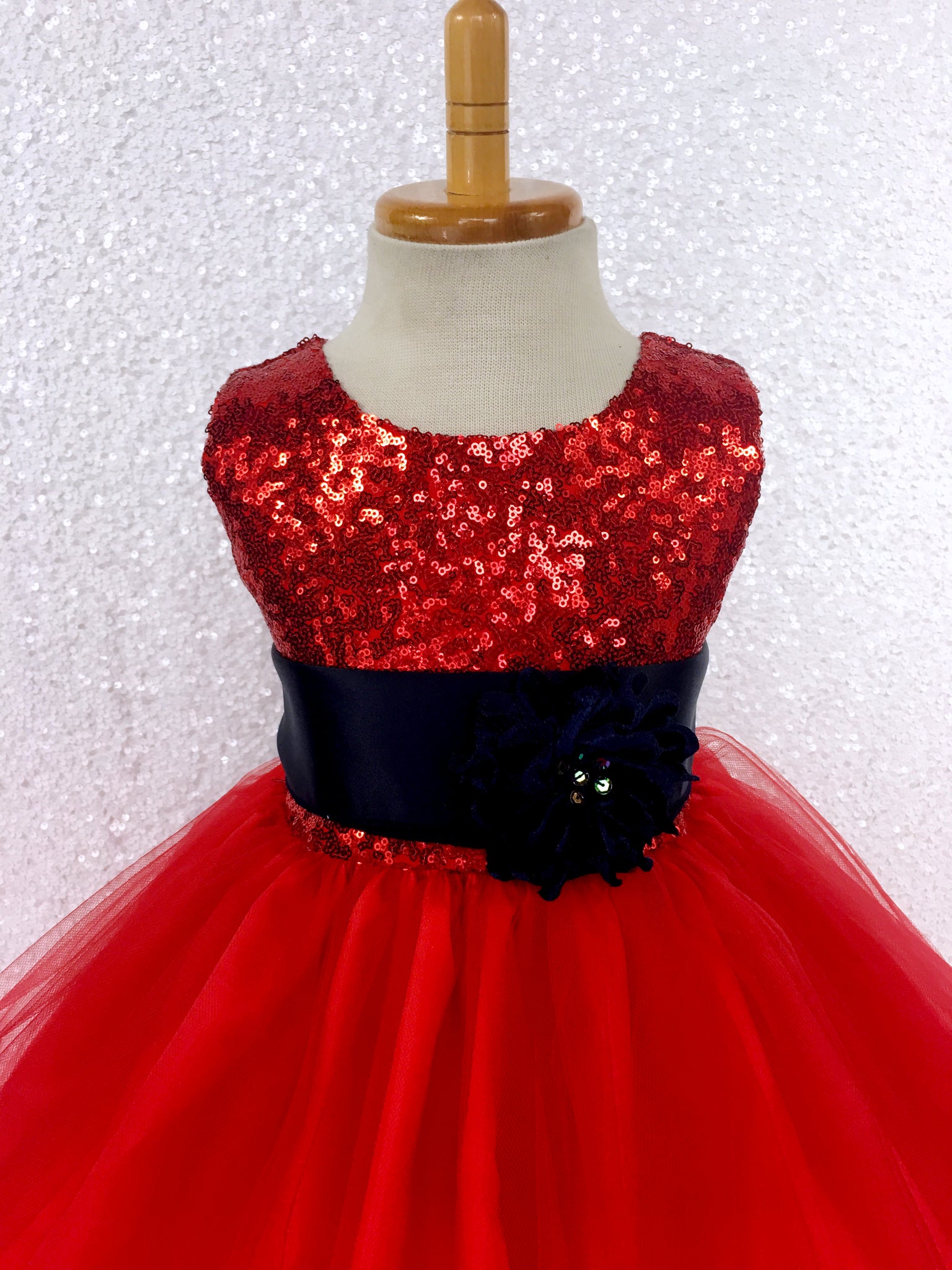 2 Layer Tulle Fishing Line Red Mini Sequin Dress Navy Blue Sash Velvet Flower