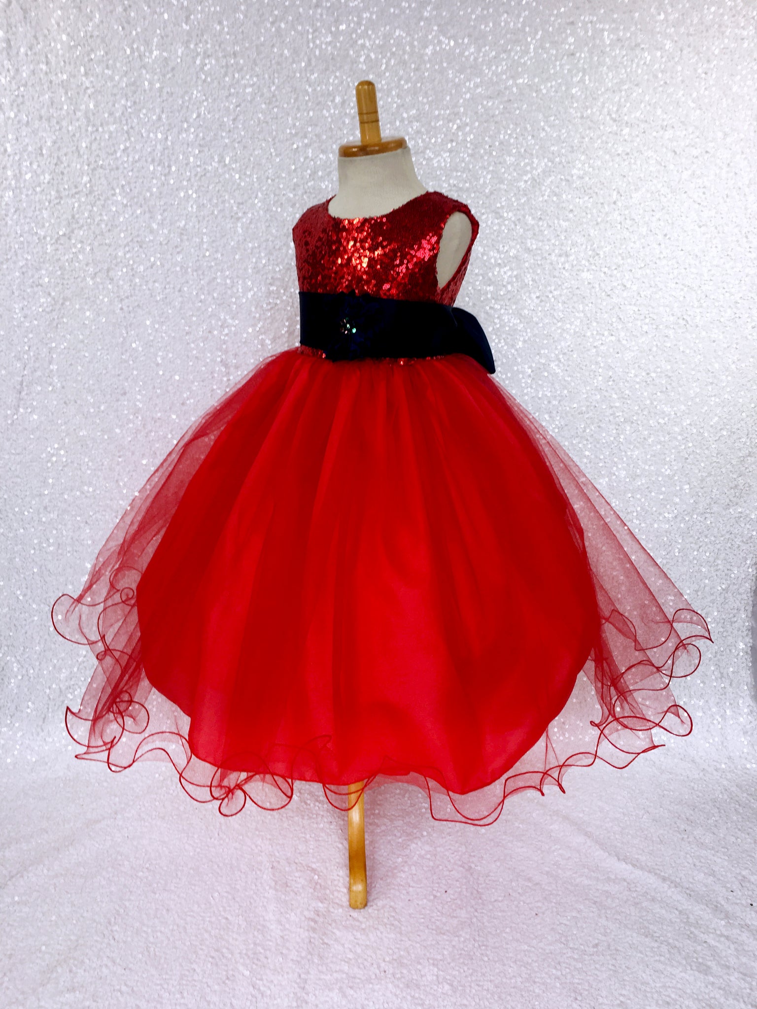 2 Layer Tulle Fishing Line Red Mini Sequin Dress Navy Blue Sash Velvet Flower