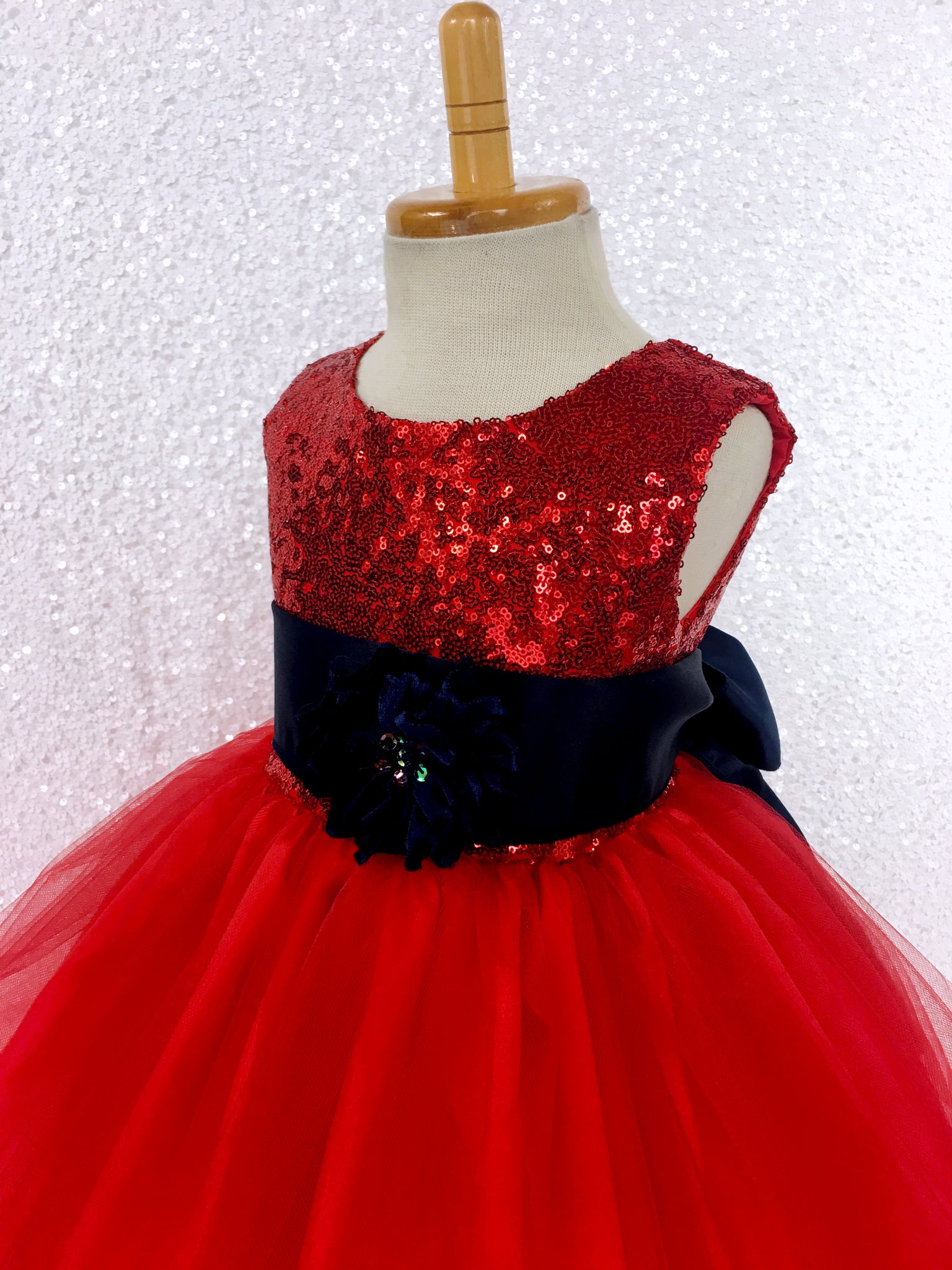 2 Layer Tulle Fishing Line Red Mini Sequin Dress Navy Blue Sash Velvet Flower