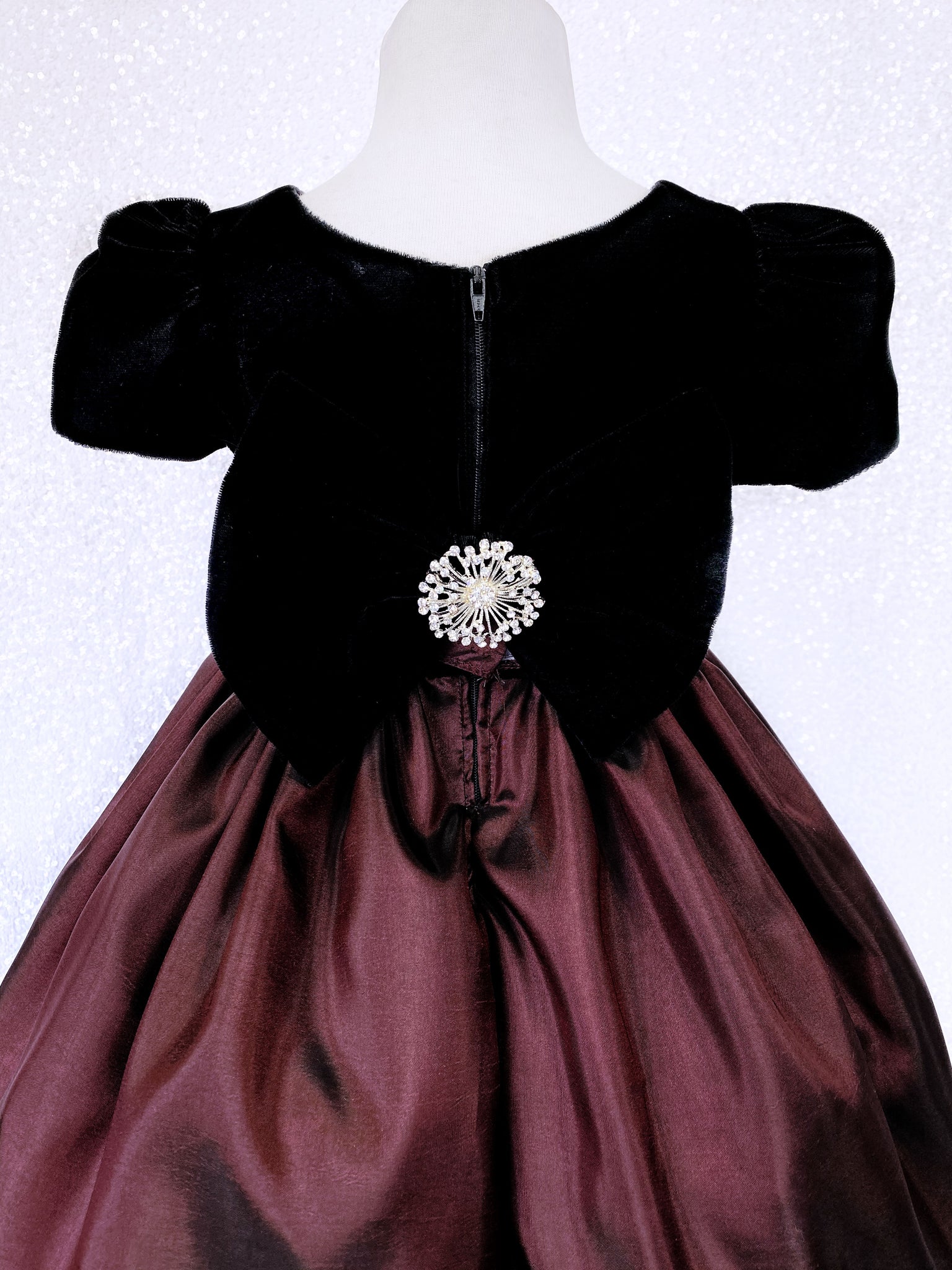 Short Sleeve Velvet Black Burgundy Taffeta Dress