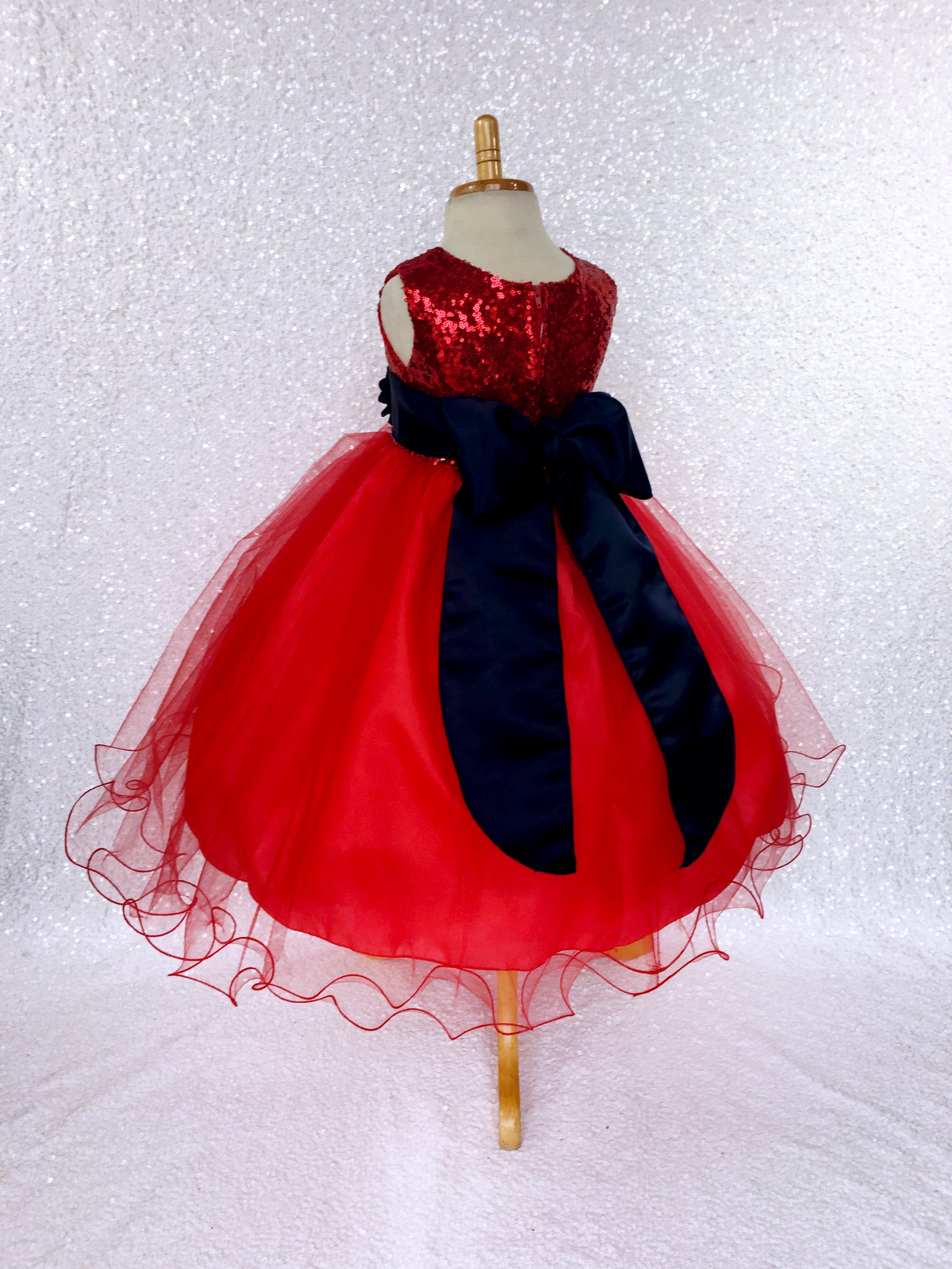 2 Layer Tulle Fishing Line Red Mini Sequin Dress Navy Blue Sash Velvet Flower