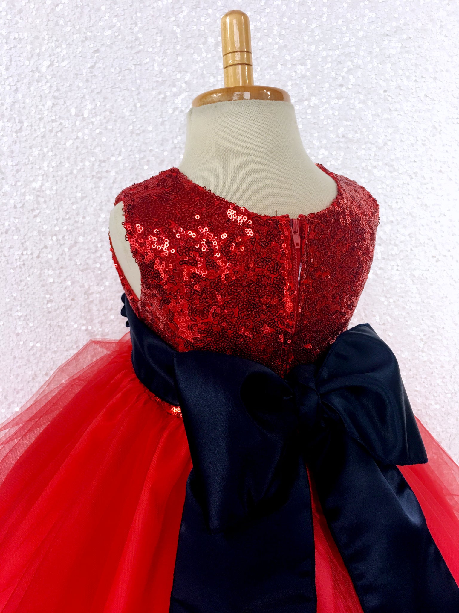 2 Layer Tulle Fishing Line Red Mini Sequin Dress Navy Blue Sash Velvet Flower