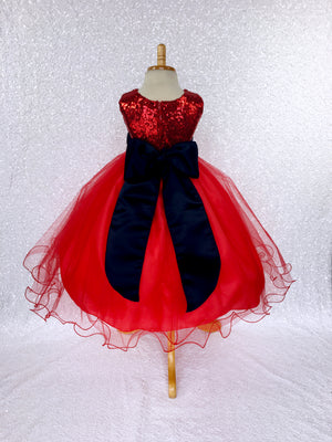 2 Layer Tulle Fishing Line Red Mini Sequin Dress Navy Blue Sash Velvet Flower