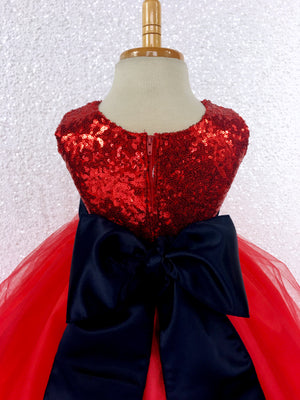 2 Layer Tulle Fishing Line Red Mini Sequin Dress Navy Blue Sash Velvet Flower