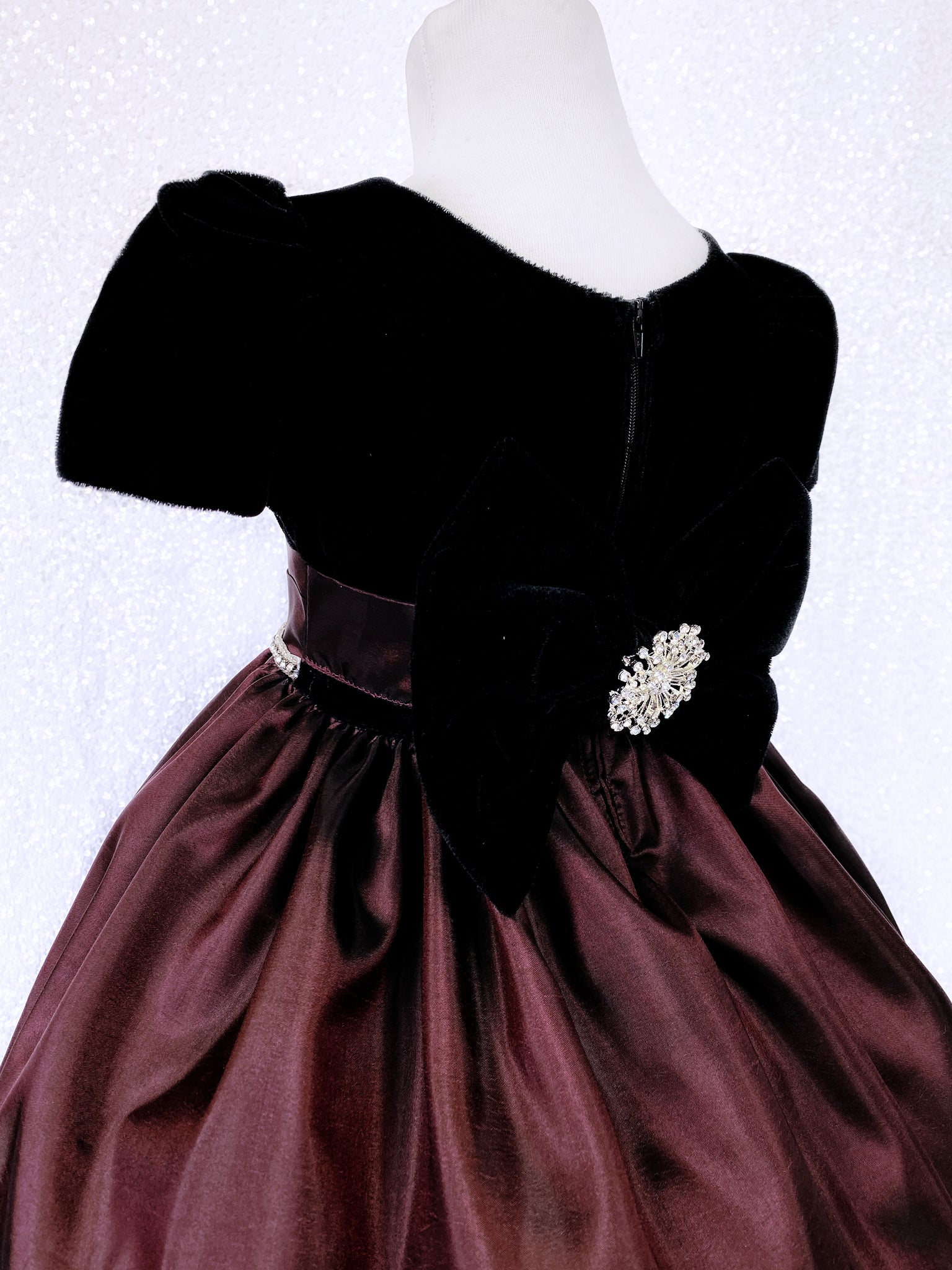 Short Sleeve Velvet Black Burgundy Taffeta Dress