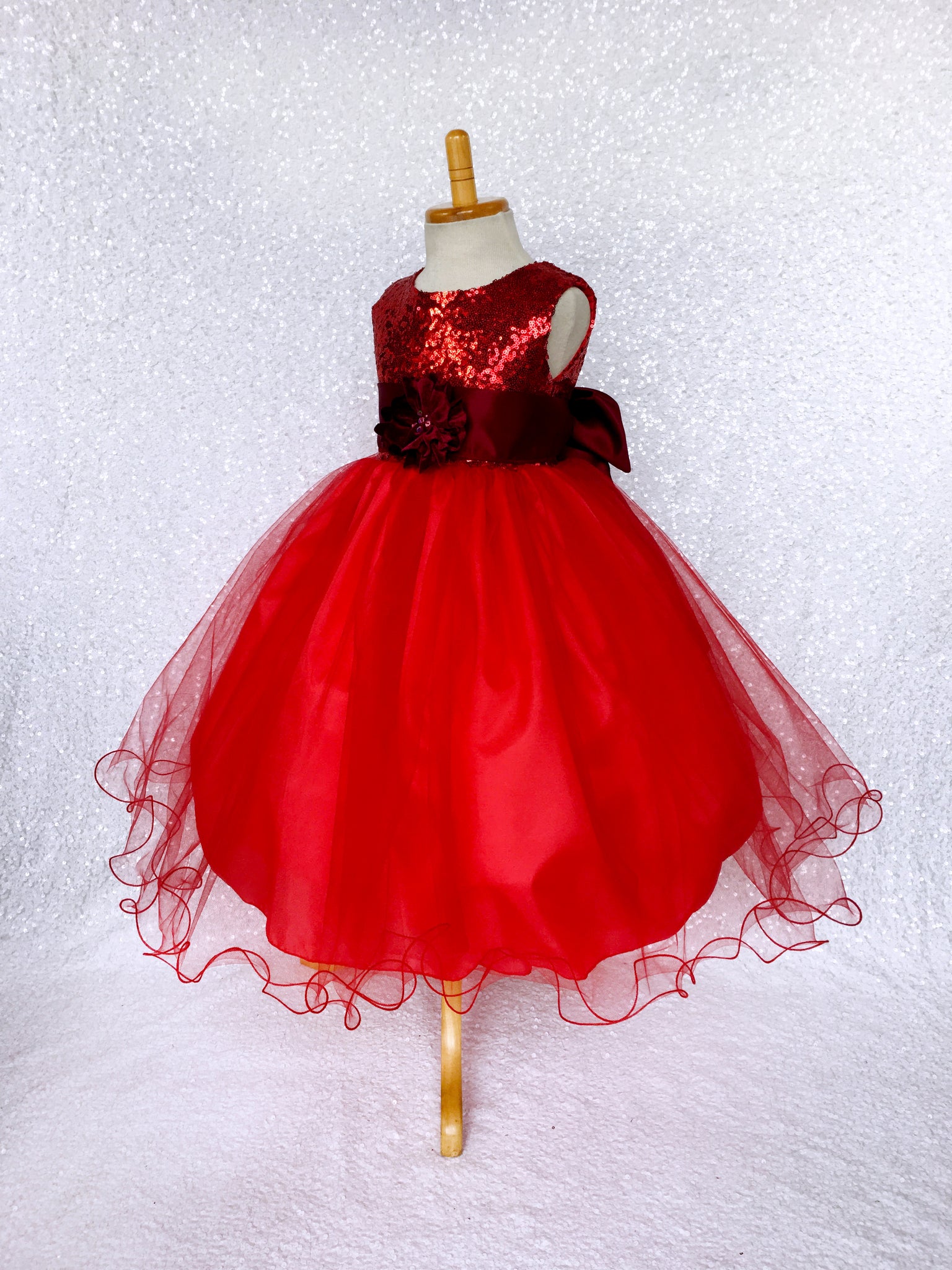 Sleeveless Sequence Tulle Fishing Line Red Dress Burgundy Sash Velvet Flower