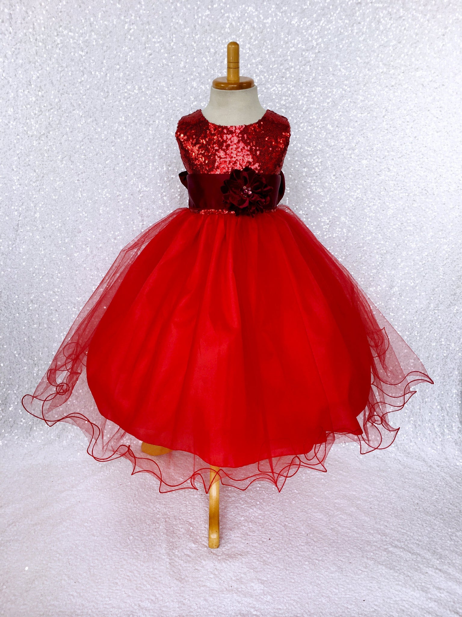 Red Mini Sequin 2 Layer Tulle Gown Olive Green Sash Flower