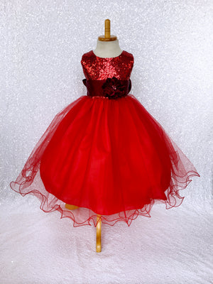 Red Mini Sequin 2 Layer Tulle Gown Olive Green Sash Flower