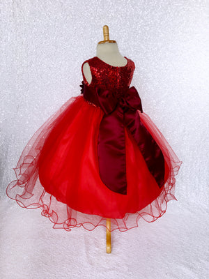 Sleeveless Sequence Tulle Fishing Line Red Dress Burgundy Sash Velvet Flower