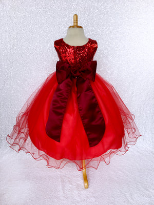 Sleeveless Sequence Tulle Fishing Line Red Dress Burgundy Sash Velvet Flower