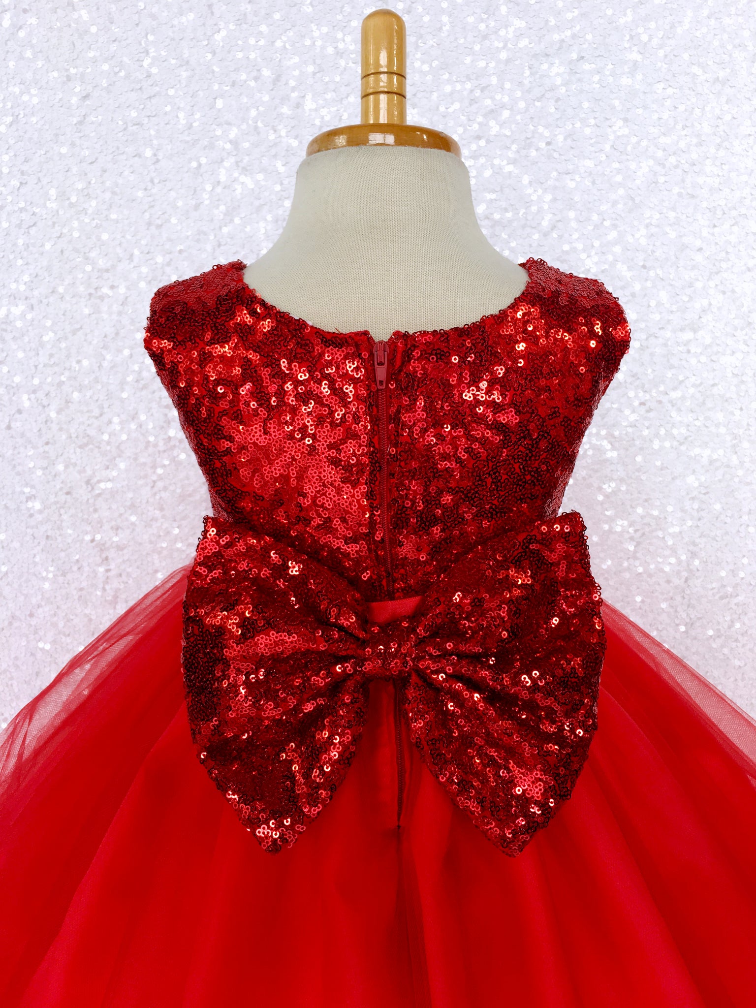 Mini Sequin Tulle Fishing Line Red 2 Layer Tulle Dress Gold Bow