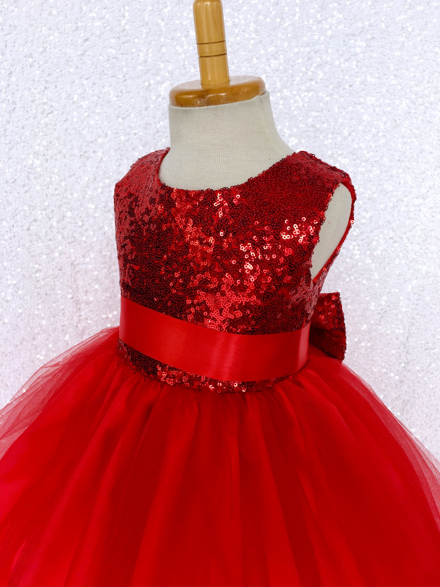 Fishing Line Sleeveless 2 Layer Red Mini Sequence Bow Gown