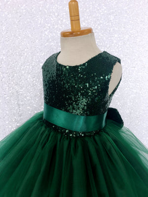 Hunter Green Sequin Bow 2 Layer Tulle Dress