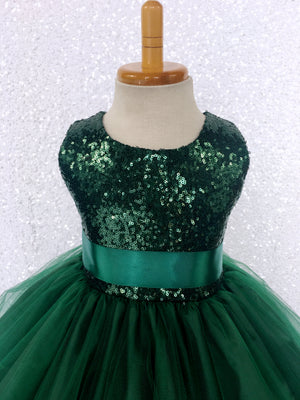 Hunter Green Sequin Bow 2 Layer Tulle Dress