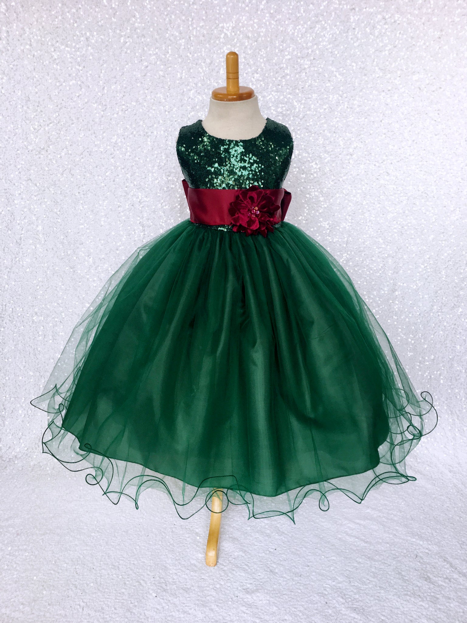 Sleeveless Sequin 2 Layer Hunter Green Dress Satin Sash Royal Blue Velvet Flower