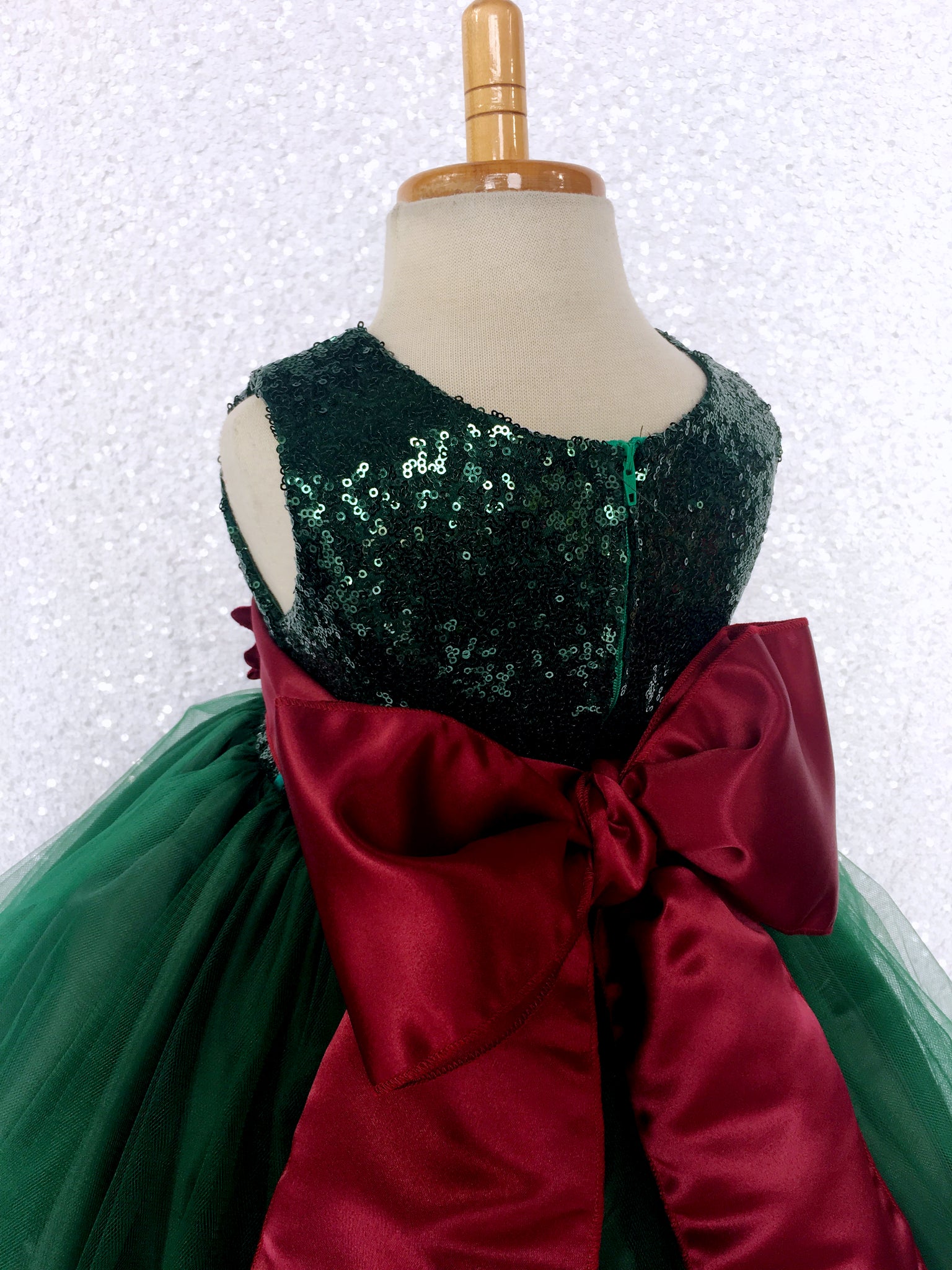 Sparkly Hunter Green Sequin Top 2 Layer Fishing Line Dress Burgundy Sash