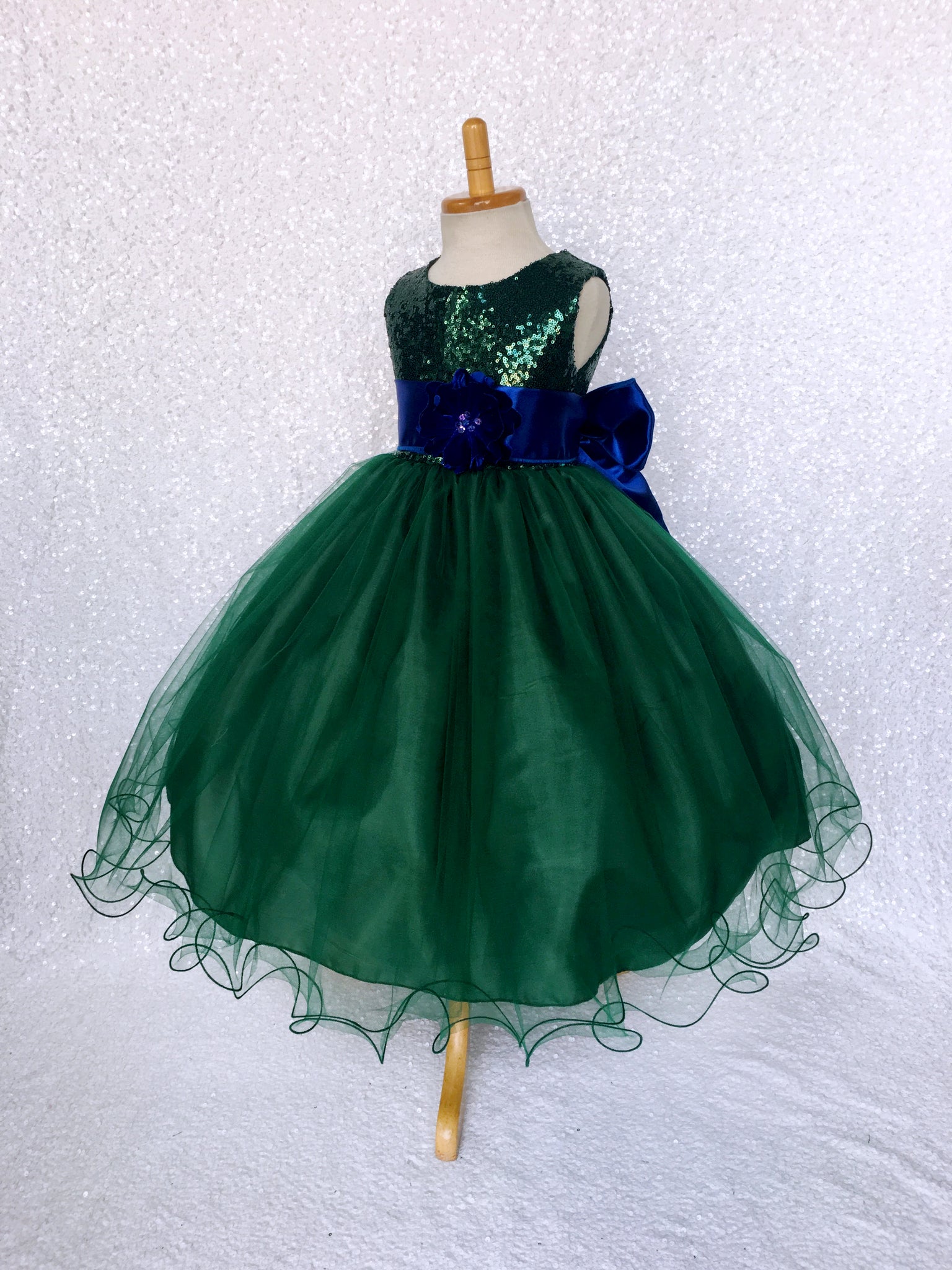 Sleeveless Sequin 2 Layer Hunter Green Dress Satin Sash Royal Blue Velvet Flower