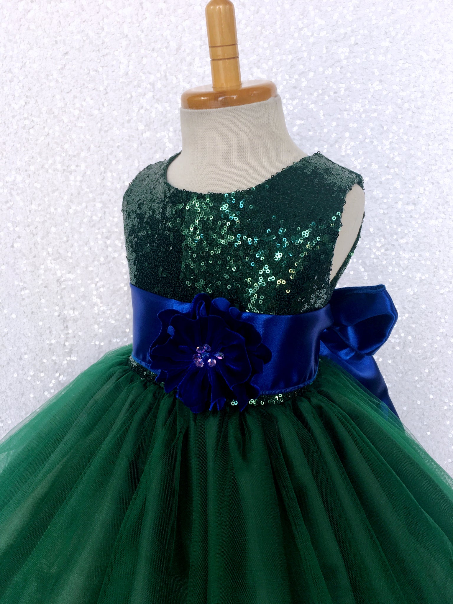 Sleeveless Sequin 2 Layer Hunter Green Dress Satin Sash Royal Blue Velvet Flower