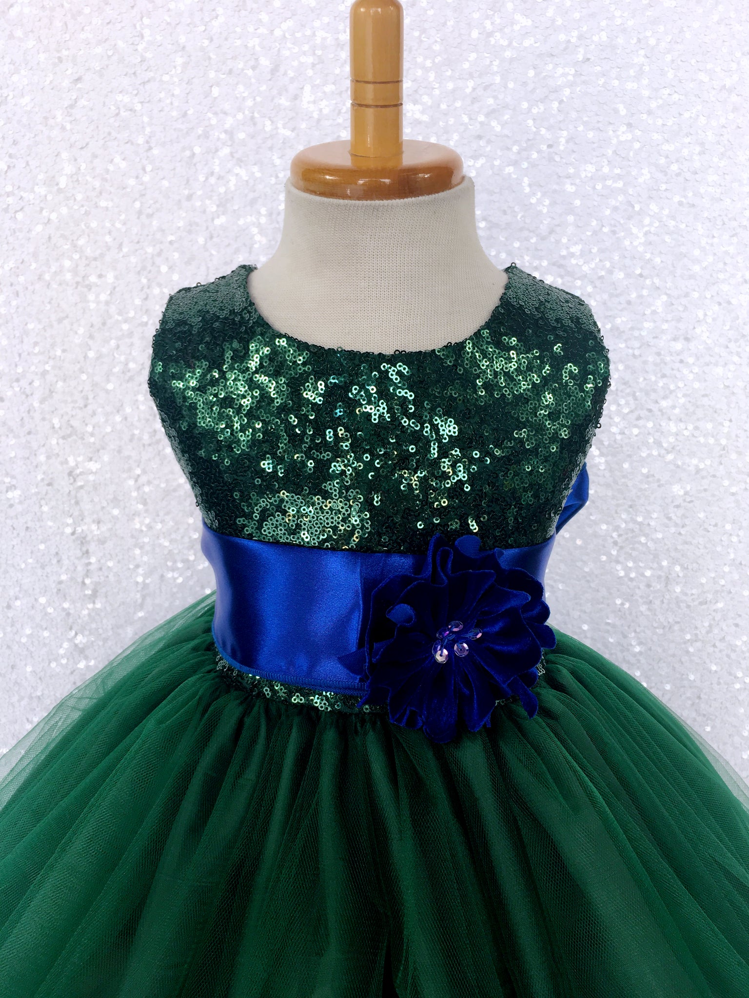 Sleeveless Sequin 2 Layer Hunter Green Dress Satin Sash Royal Blue Velvet Flower