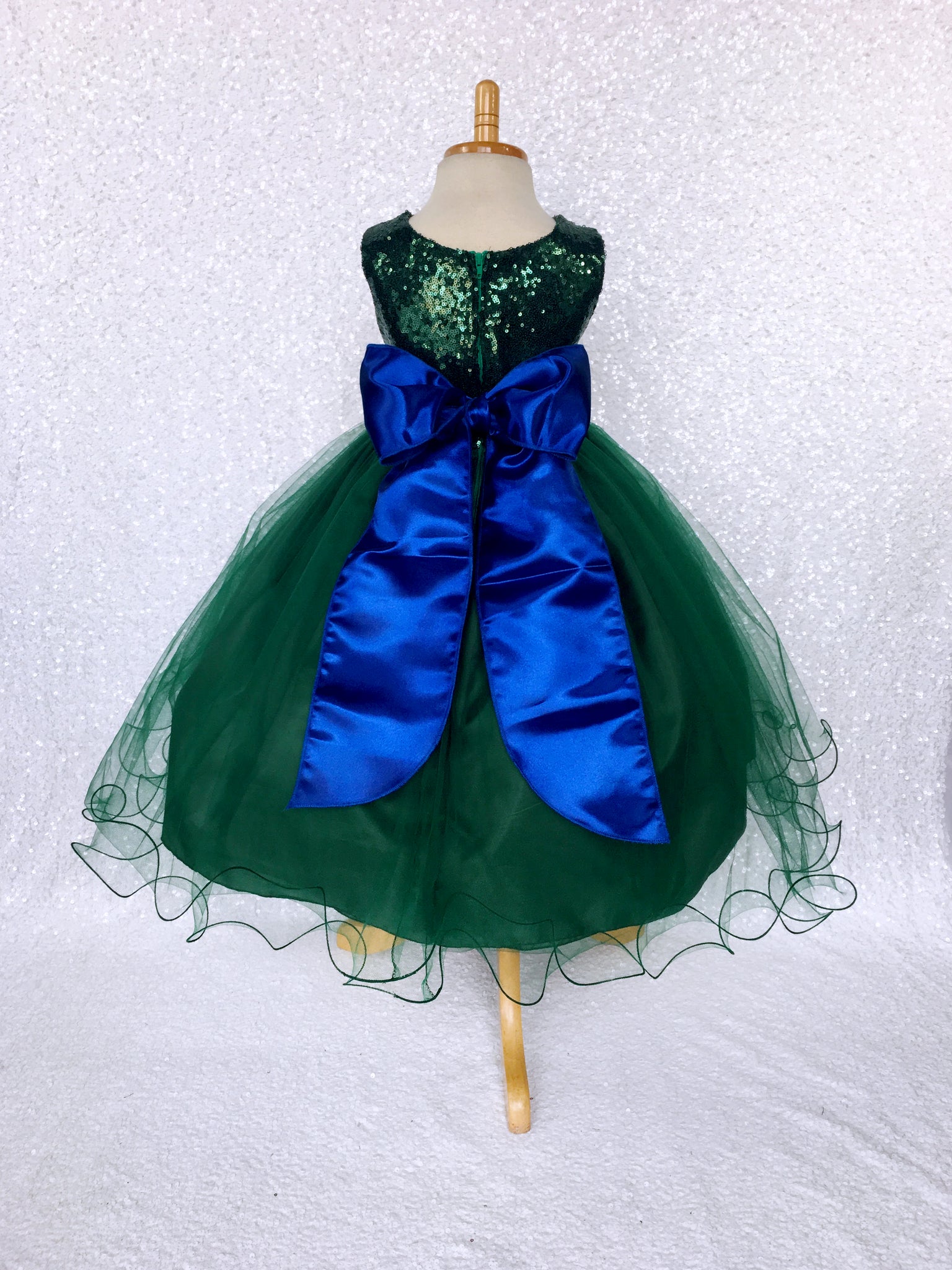 Sleeveless Sequin 2 Layer Hunter Green Dress Satin Sash Royal Blue Velvet Flower