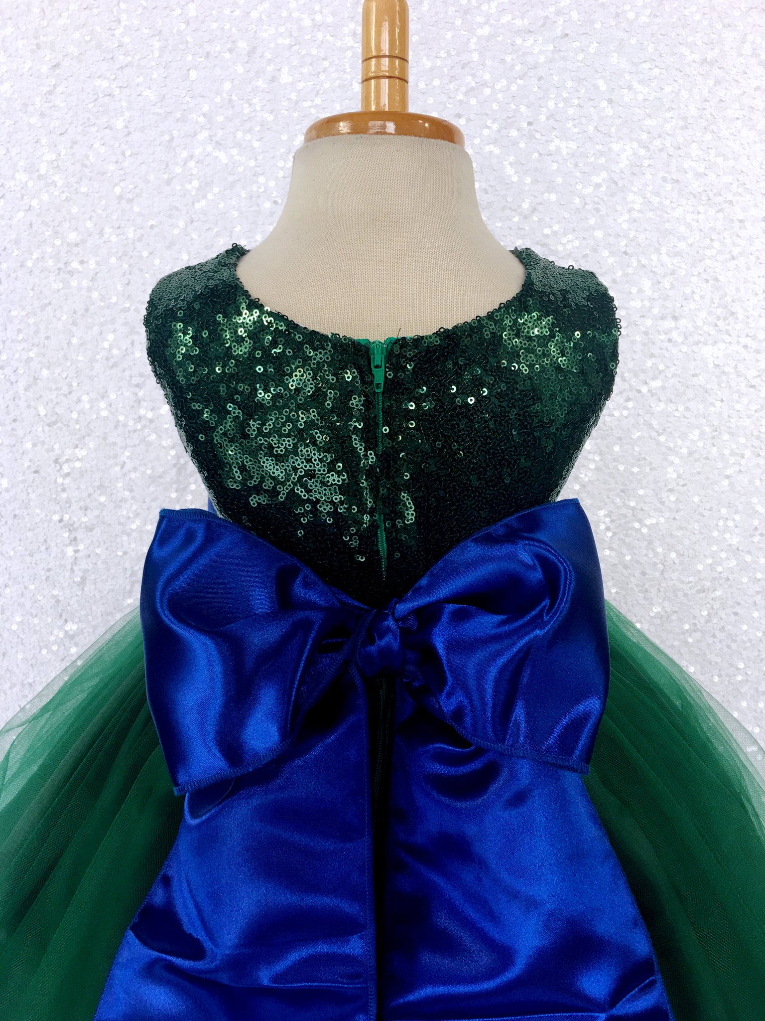 Sleeveless Sequin 2 Layer Hunter Green Dress Satin Sash Royal Blue Velvet Flower