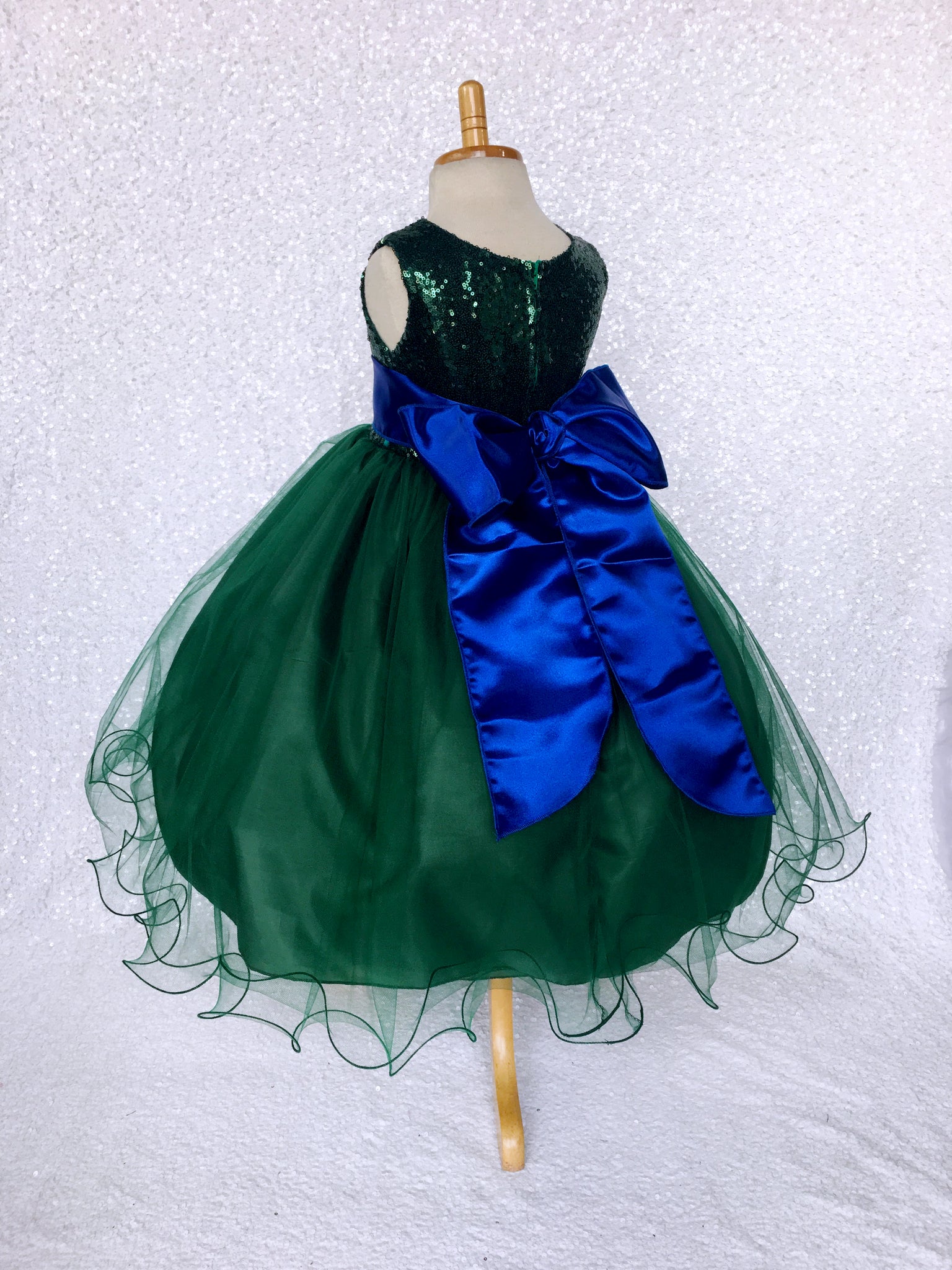 Sleeveless Sequin 2 Layer Hunter Green Dress Satin Sash Royal Blue Velvet Flower