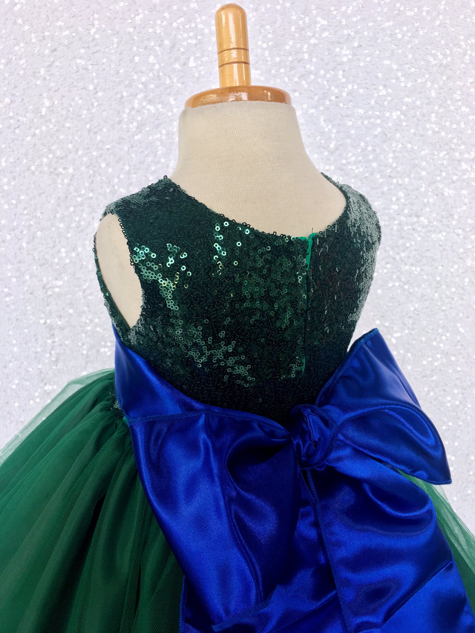 Sleeveless Sequin 2 Layer Hunter Green Dress Satin Sash Royal Blue Velvet Flower