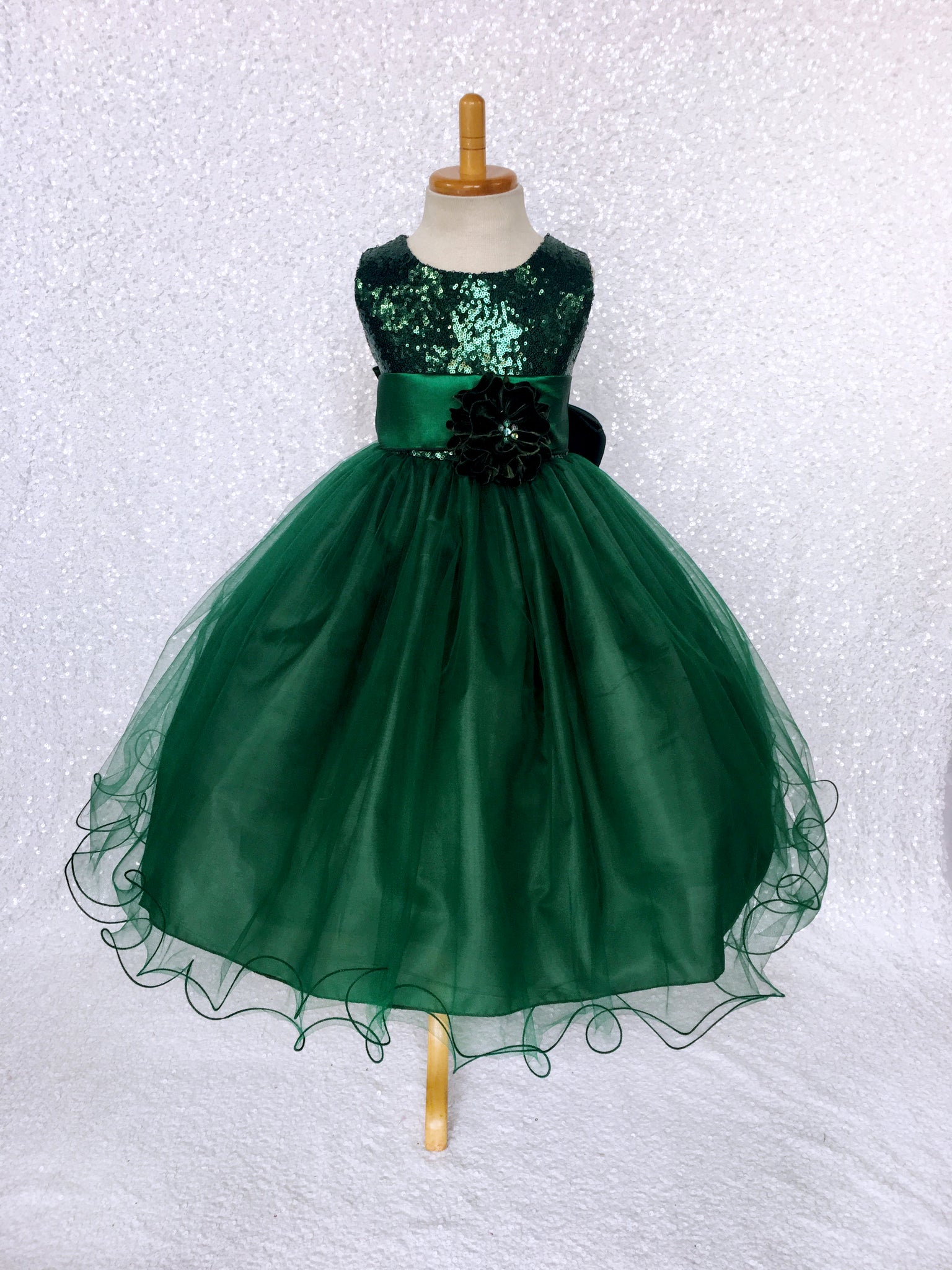 Sleeveless Sequin 2 Layer Hunter Green Dress Satin Sash Royal Blue Velvet Flower