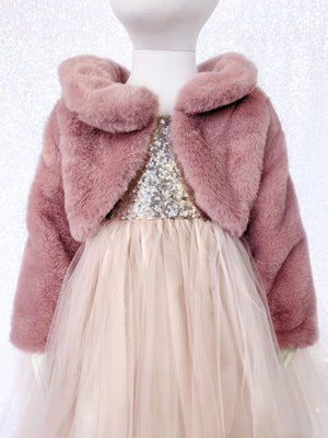 Pink Long Sleeve Faux Fur Collar Open Front Kid Coat