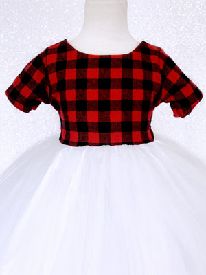 Holiday Red Black Plaid 2 Layer White Tulle Dress