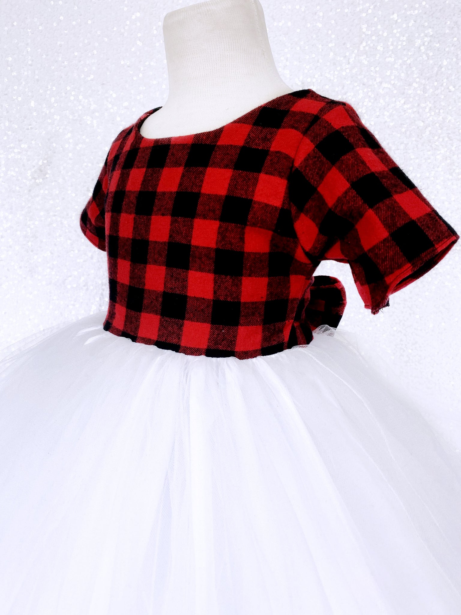 Holiday Red Black Plaid 2 Layer White Tulle Dress