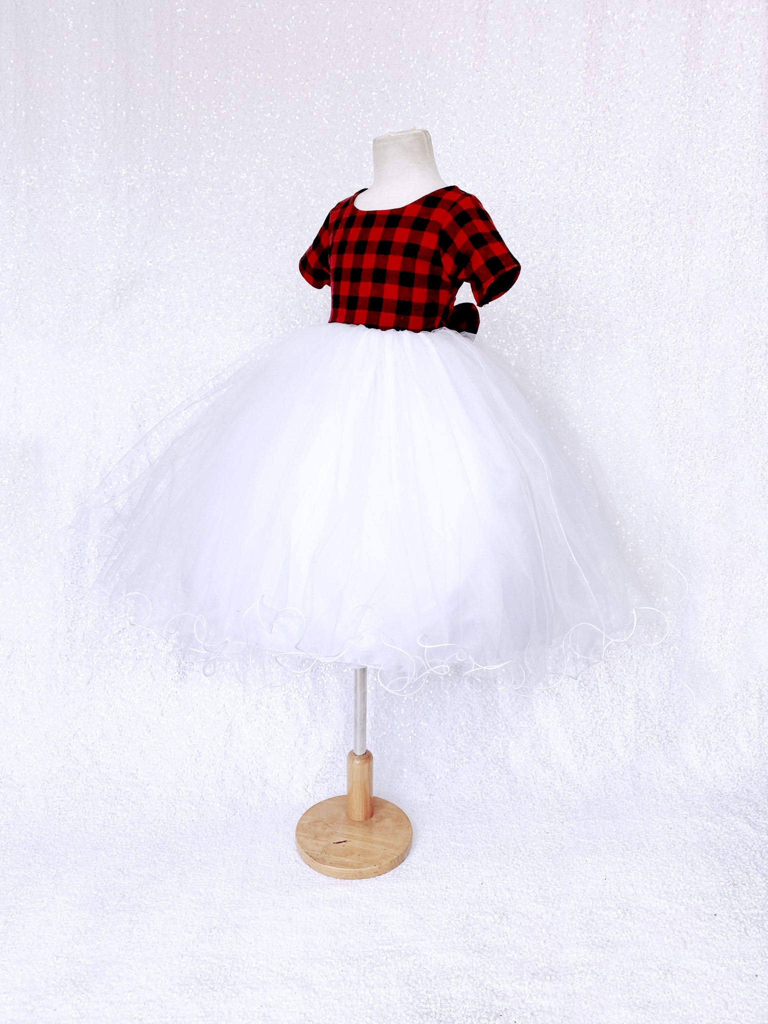 Holiday Red Black Plaid 2 Layer White Tulle Dress