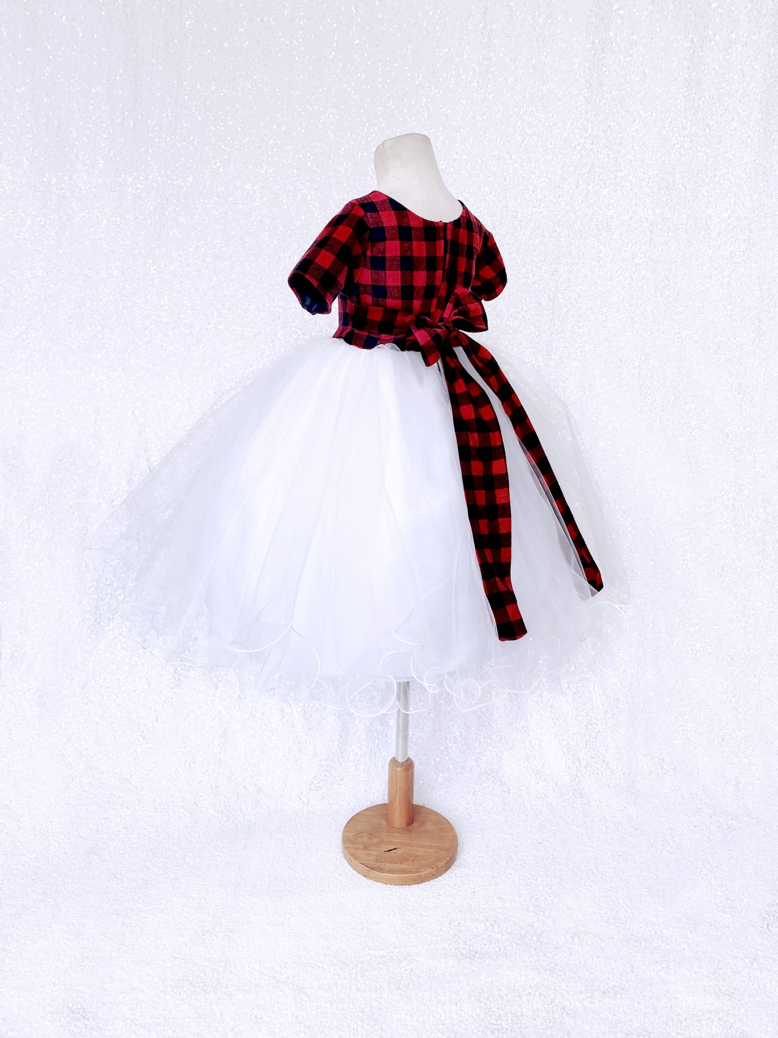 Holiday Red Black Plaid 2 Layer White Tulle Dress