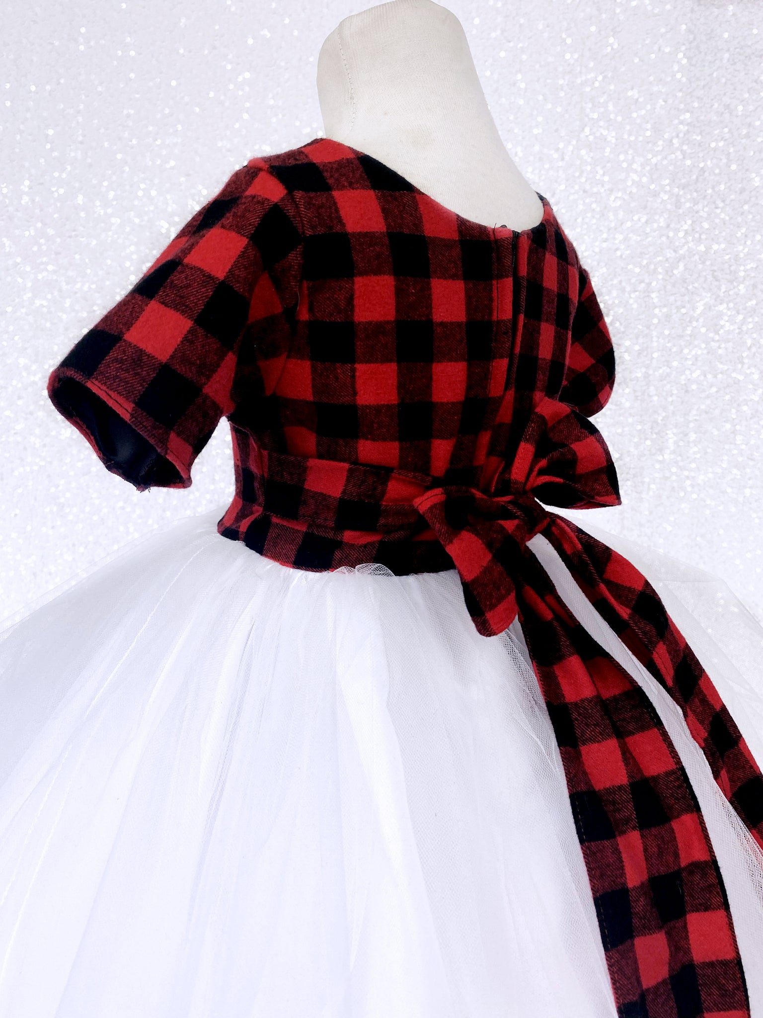 Holiday Red Black Plaid 2 Layer White Tulle Dress