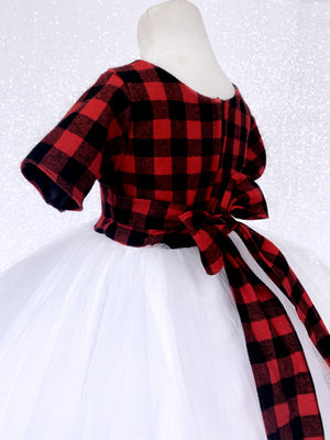 Holiday Red Black Plaid 2 Layer White Tulle Dress